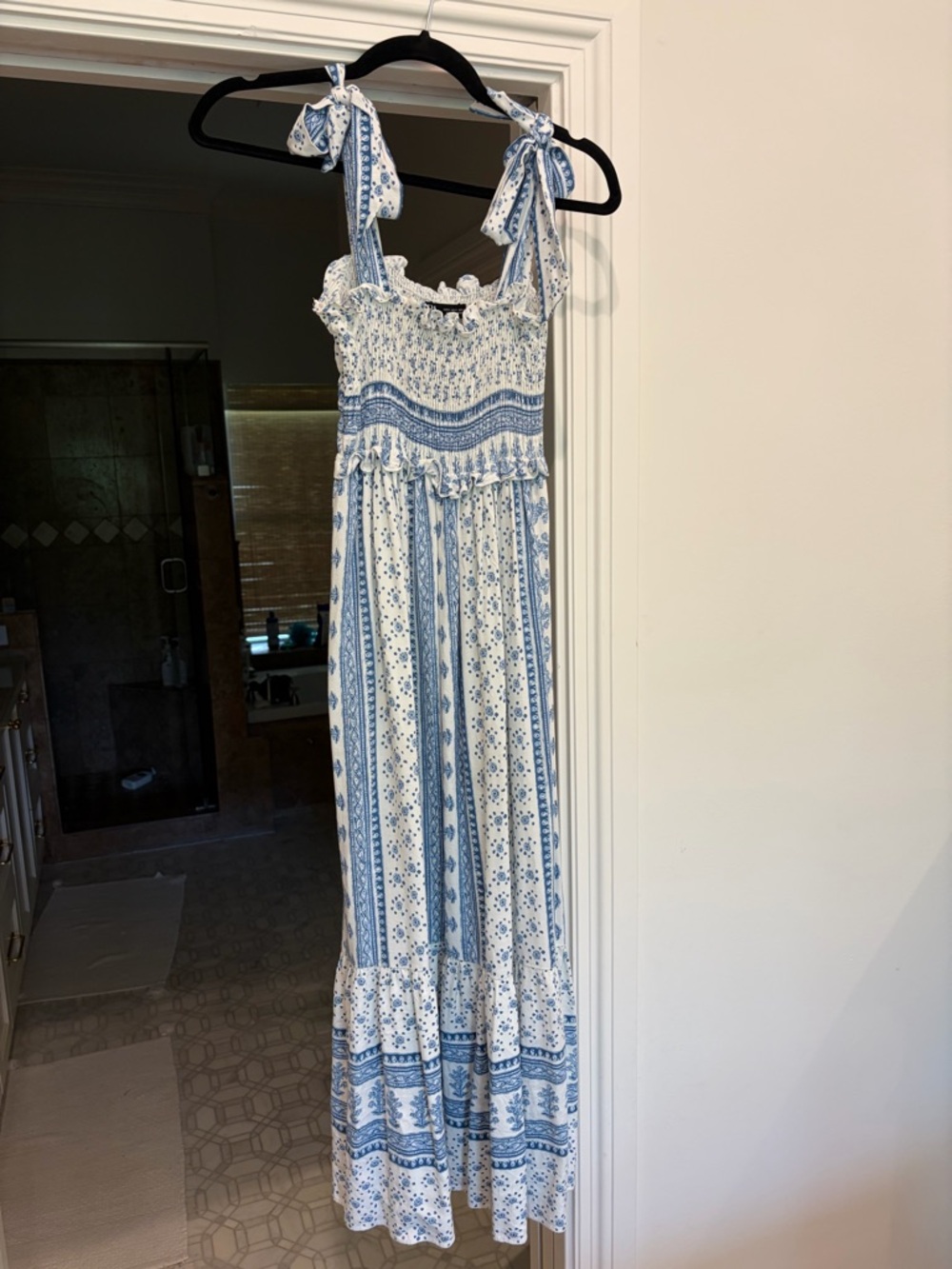 Zara White and Blue Floral Tie-Shoulder Maxi Dress